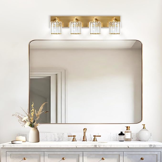 Gold Crystal Bathroom Vanity Light, 4-Light Modern Bathroom Lighting Fixtures Over Mirror,Chrome Wall Sconce Light Fixtures with Square Shade
