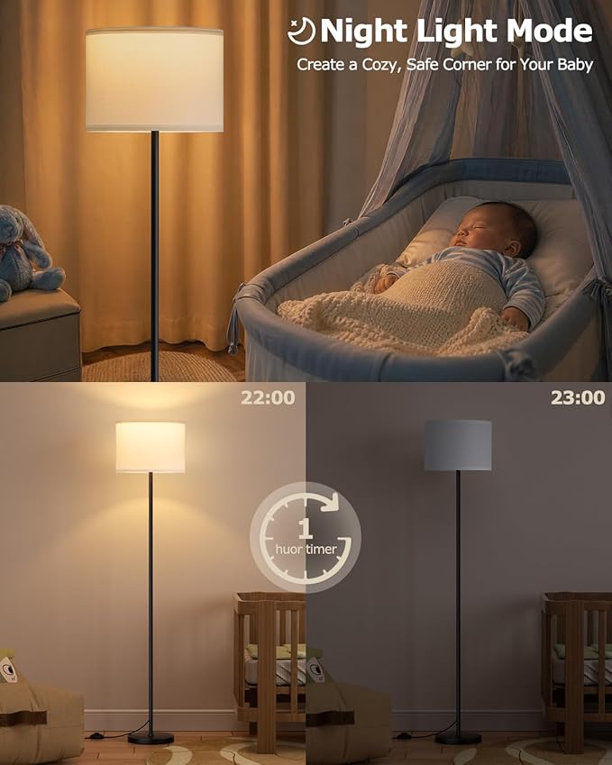 Dimmable Floor Lamp with Remote, 9W 900LM LED Bulb Included | White Shade Black Pole, Lamps for Living Room Bedroom