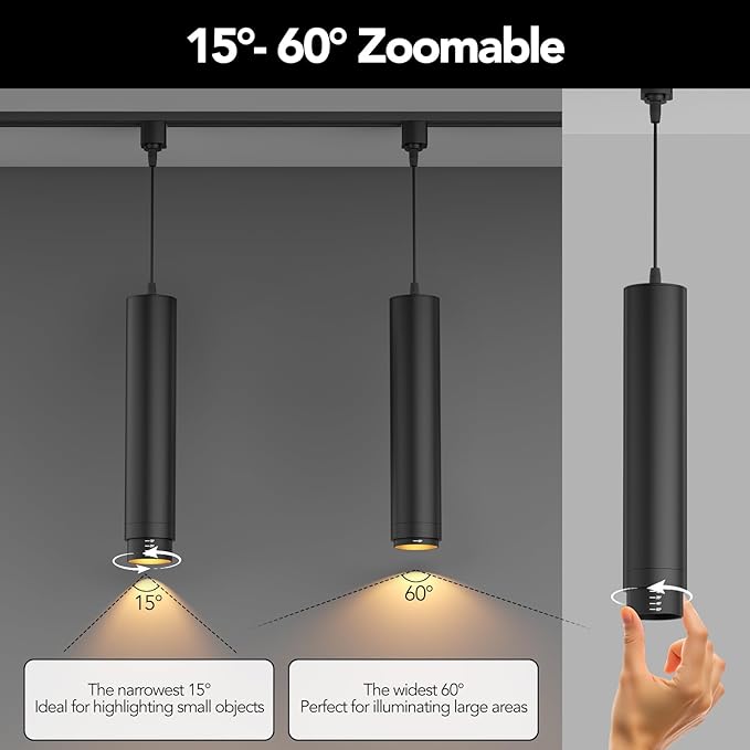 Remote Control H Track Pendant Lights with Adjustable Cord, H Type Track Lighting LED Pendants Lights Fixtures, 15°-60° Zoomable 2700K-6000K, Dimmable CRI97+ 10W 1000LM, Black (6 Pack)