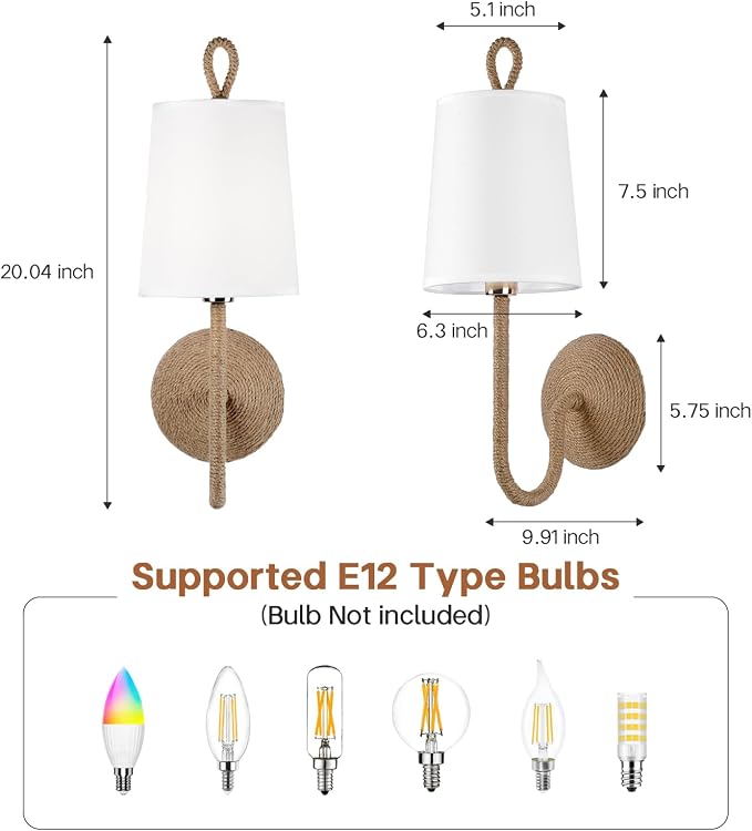Natural Rattan Wall Sconce Set of 2: Boho Coastal Rope Woven Lamps with Linen Fabric Shades for Living Room, Bedroom, Bedside, Vanity and Hallway
