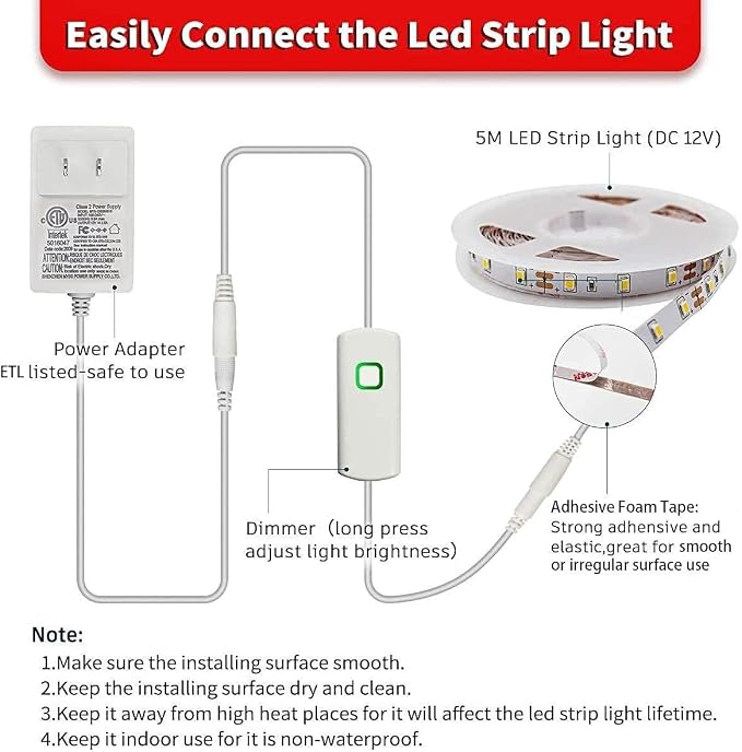 MY BEAUTY LIGHT LED Strip Lights Warm White, 16.4ft Dimmable LED Light Strip,12v Flexible LED Rope Lights Kits for Kitchen Cabinet Bedroom Party Decor