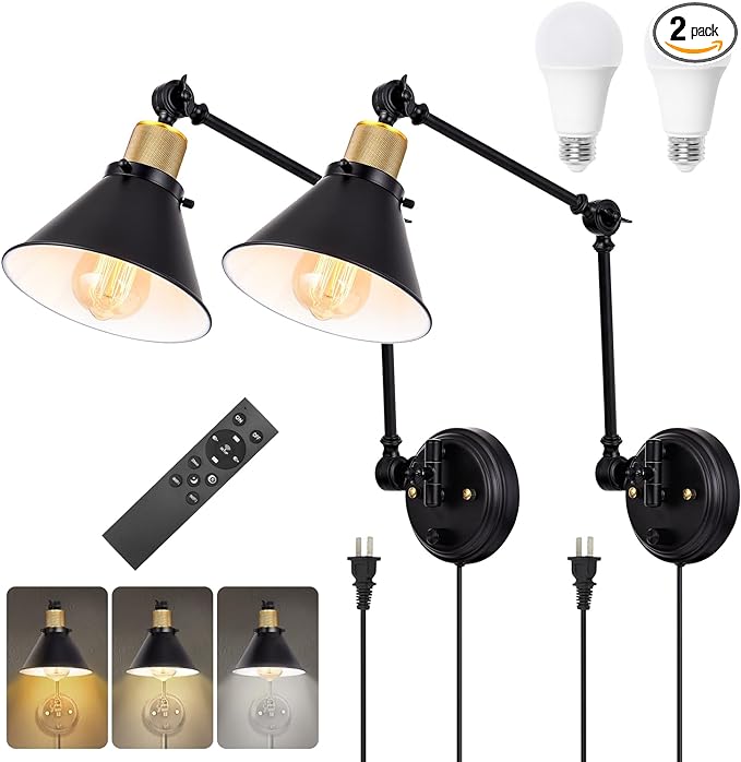TRLIFE Dimmable Wall Sconce, Remote Control Plug in Wall Sconces Dimming 10%-100% and Adjustable Color Temperature 2700K-6000K, Swing Arm Wall Lights with Plug in Cord, UL Listed(2 Pack, 2 Bulbs)