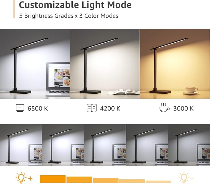 Lepro Desk Lamp with USB Charging Port for Home Office, 650LM 9.5W, Black | Dimmable Task Light, 5 Colors 5 Brightness, Eye Caring Table Lamp for Dorm Room, Sewing, Crafting, Reading, Nail, Drafts