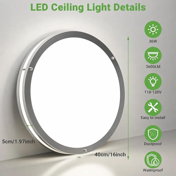 zemty 2Pack 16Inch Brushed Nickel LED Flush Mount Ceiling Lights, Dimmable 3000K/3500K/4000K/5000K/6500K Adjustable, 36W Damp-Rated Light Fixture for Living Rooms,Badrooms,Basements,Kitchen