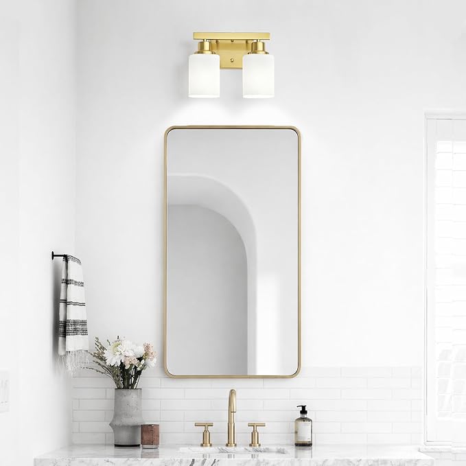2 Light Gold Bathroom Light Fixtures,Brushed Gold Vanity Light with Clear Glass,Gold Bathroom Vanity Lights Over Mirror,Wall Sconces for Living Room,Bedroom,Hallway(E26 Base)