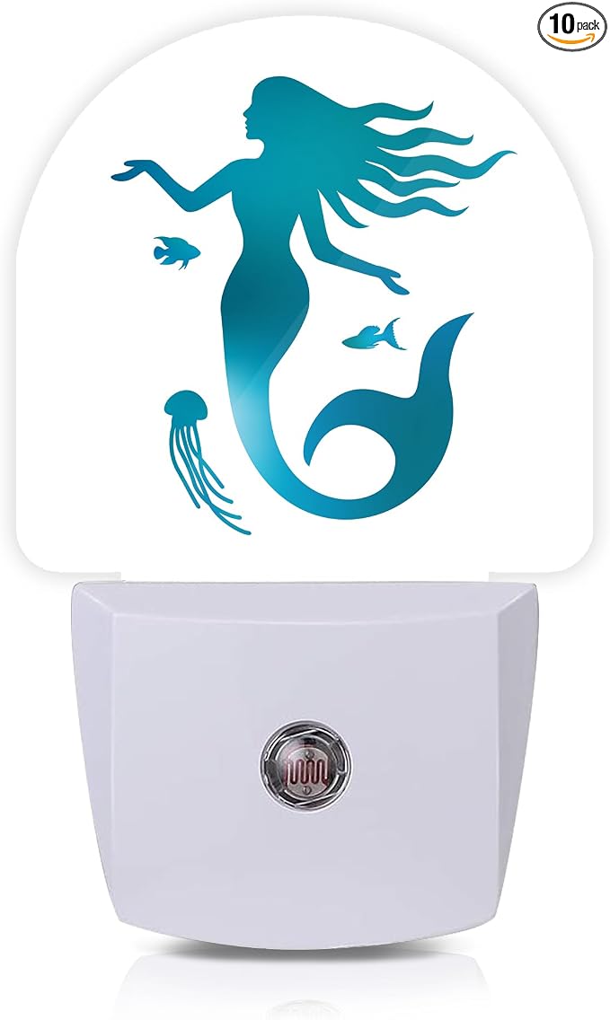 Green Mermaid Jellyfish Night Lights Plug into Wall for Girls Boys Room,Night Light LED Lamp Dusk to Dawn Sensor Round Lamp for Bedroom Bathroom Hallway Home Wall Decor