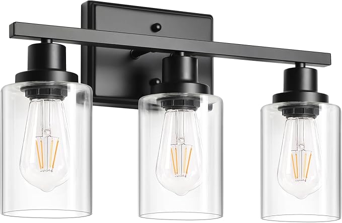 Ascher Bathroom Light Fixtures, 3 Light Vanity Light with LED Bulbs Included, Black Wall Sconces with Clear Glass Shades for Mirror, Kitchen, Living Room, Hallway, Cabinet