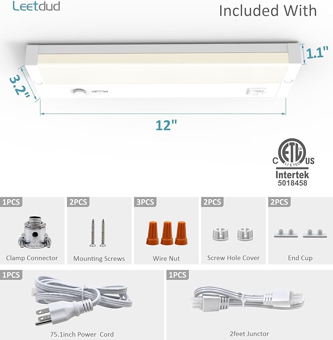 Under Cabinet Lighting Plug in or Hardwired Built-in Dimmer, 12 Inch 6W, 5CCT 2700/3000/3500/4000/5000K, Linkable Counter Lights for Kitchen, ETL Dimmable LED Light Fixture, White