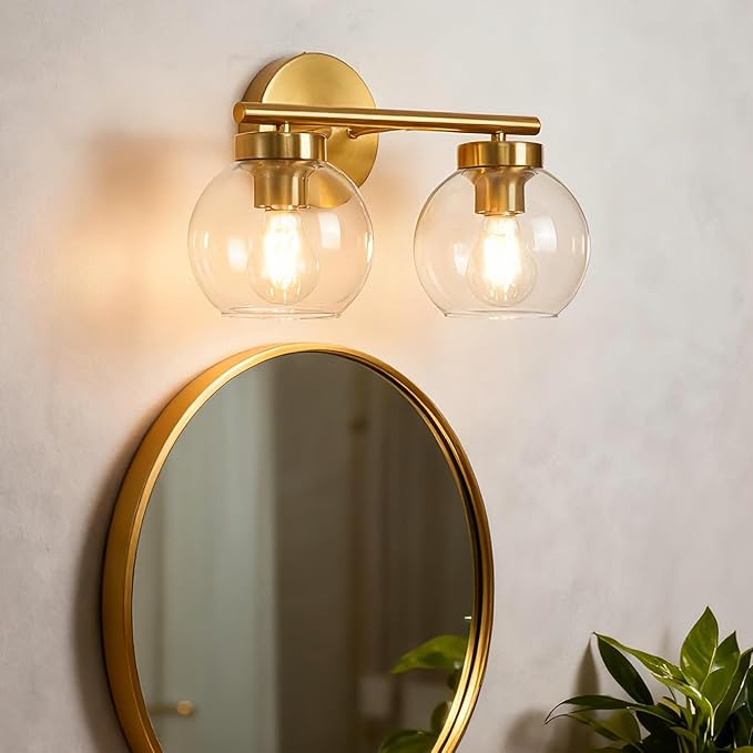 Gold Vanity Light, 2 Light Bathroom Vanity Light with Clear Globe Glass Shades, Modern Bathroom Light Fixture Over Mirror, Brass Wall Sconce Light for Bedroom Restroom, E26 Socket