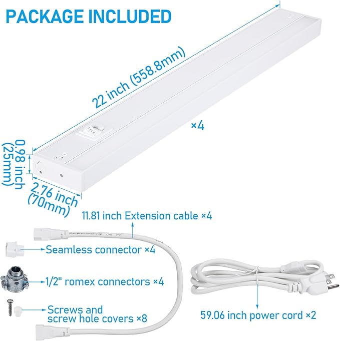 TORCHSTAR 22 Inch LED Under Cabinet Lighting 5CCT, ETL T24, 14W 1050LM, Hardwired & Plug-in, 5 Color Selectable CRI90 120V, Dimmable Under Counter Lights for Kitchen, White Aluminum Housing, 4 Pack