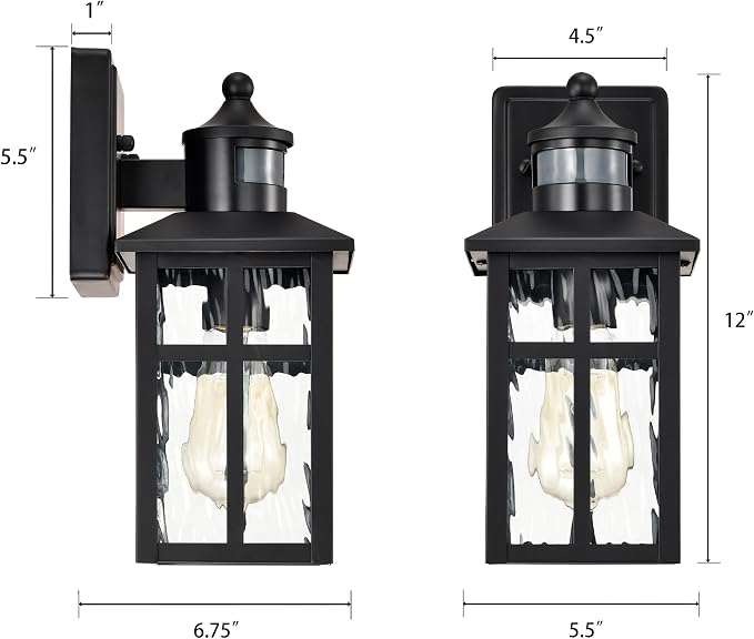 Outdoor Wall Lights Exterior, Dusk to Dawn Motion Sensor Outdoor Lighting Fixture with Water Glass, 12 in. H 1-Light Matte Black Waterproof Wall Lantern Light for Patio Garden Garage Entryway