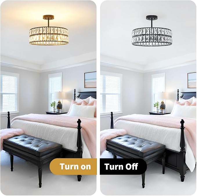 Lxybcce Crystal Ceiling Light Fixture, Modern Matte Black Ceiling Light Chandelier, Semi Flush Mount Chandelier Lighting Fixture for Kitchen Entryway Living Room Dining Room, 5-Light, 16 Inch