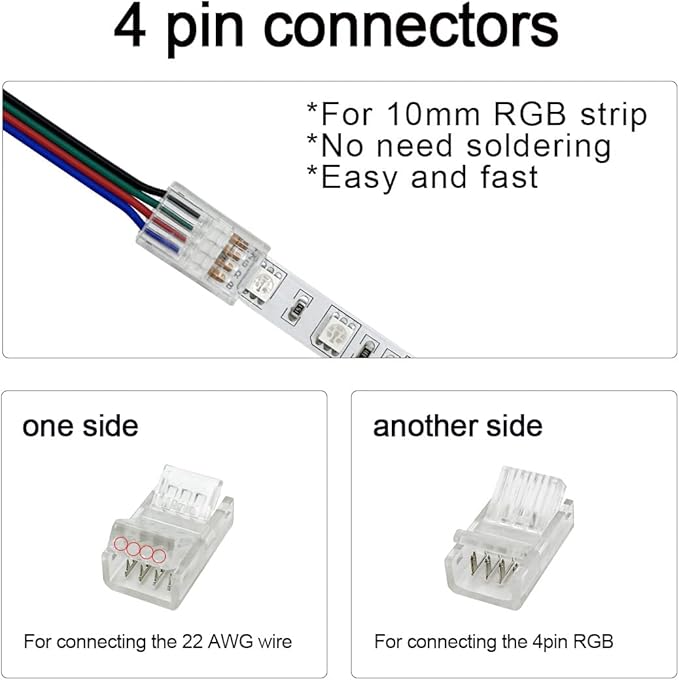 HAMRVL 12 Pack COB Led Strip Light Connectors, 4 Pin, Led Strip to Wire Solderless Transparent Track Lighting Adapter, 6M/19.68ft Led Wire Extension Cable for RGB 5050 Led Tape, 12/24V