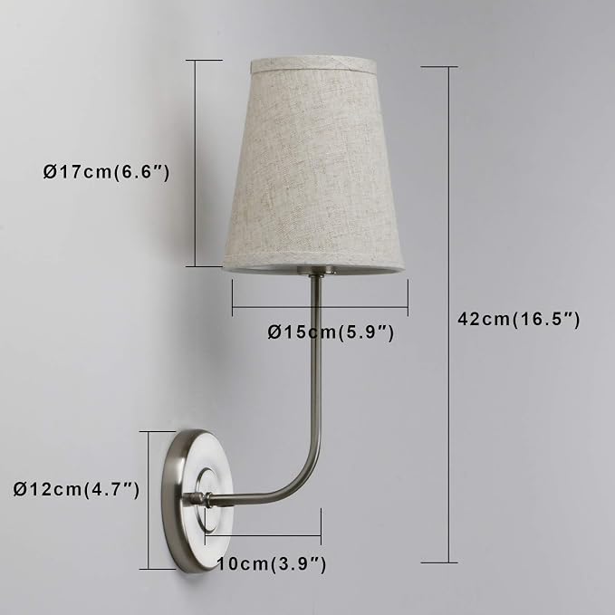 Single Classic Rustic Industrial Wall Sconce Light Fixture with Flared Funnel Linen Fabric Shade Nightstand Lamps for Bedrooms Bedside Reading (Brushed)