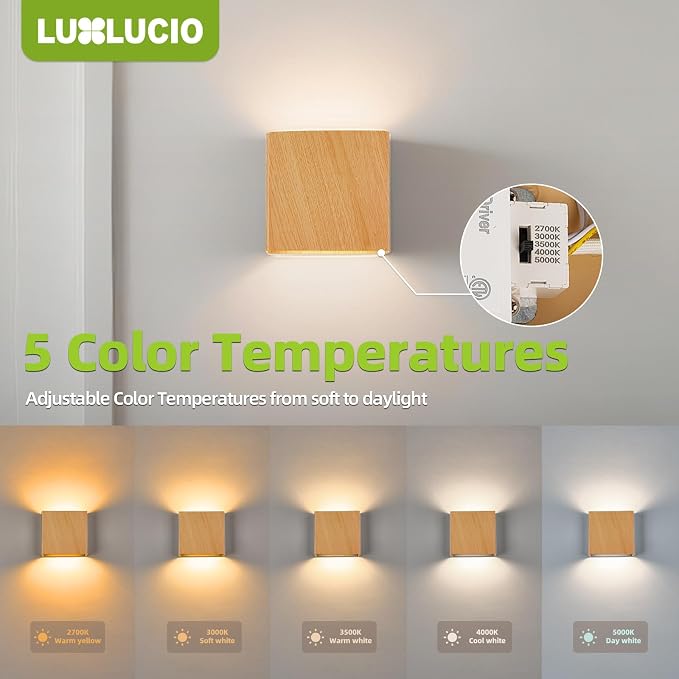 2 Pack Indoor Outdoor Natural Wood Grain Up and Down LED Wall Light, Modern Bedroom/Porch Wall Lamp, IP65 Waterproof, 5%-100% Dimmable 18W 1620lm, 5CCT (2700K-5000K), CRI 90+, 120V-277V
