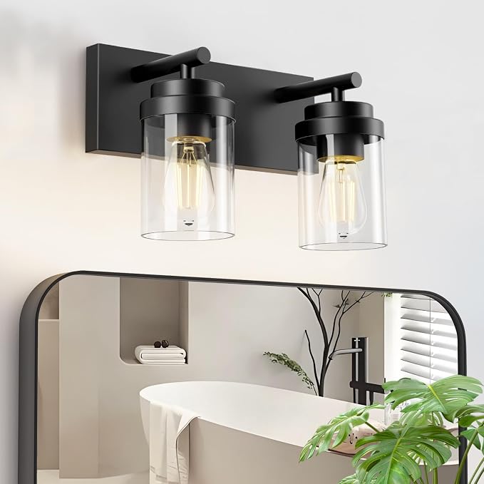 IZORRO Bathroom Vanity Light Fixture, 2-Light 15 Inch Matte Black Bathroom Light Fixtures Over Mirror, with Clear Glass Shade, Modern Farmhouse Vanity Lights, Rustic Restroom Lighting Fixtures