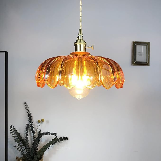 Amber Glass Pendant Light Fixtures Medium 9.8 Inches Lampshade Gold Brass Finish and Switch Vintage Pendant Ceiling Lamp Copper Pendant Lighting (Amber)