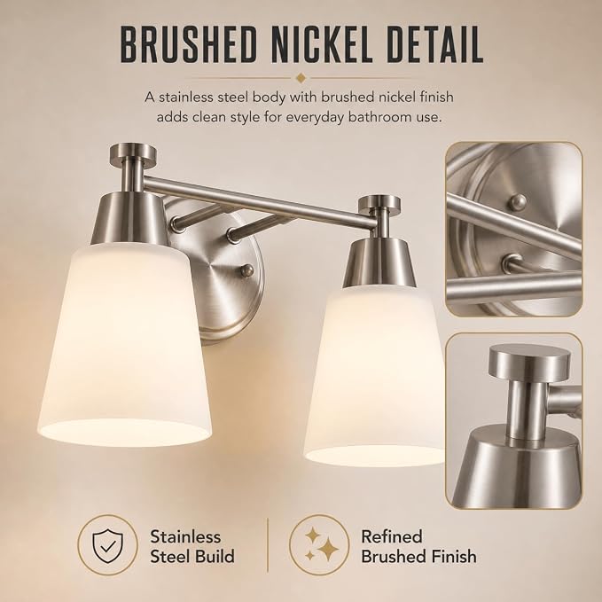 2-Light Bathroom Vanity Light, Brushed Nickel Finish with Milk Glass Shades, Over Mirror, for Bathroom Vanity