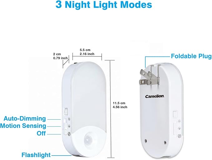 Camelion 4-in-1 Power Failure Night Light,Flashlight,Motion Sensing, 3-Pack | Rechargeable LED Plug-In Light,Battery Backup for Emergency & Power Outages,Dusk-to-Dawn Auto On, ETL Safety Certified