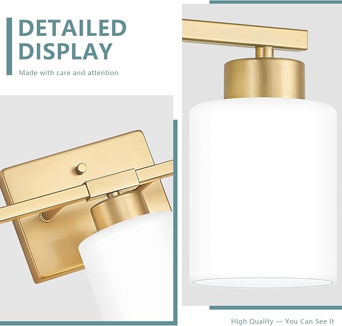 Gold Bathroom Light Fixtures Vanity Lighting Over Mirror | 5-Light Modern Wall Sconces with Milky White Frosted Glass Shades for Restroom (E26 Socket)