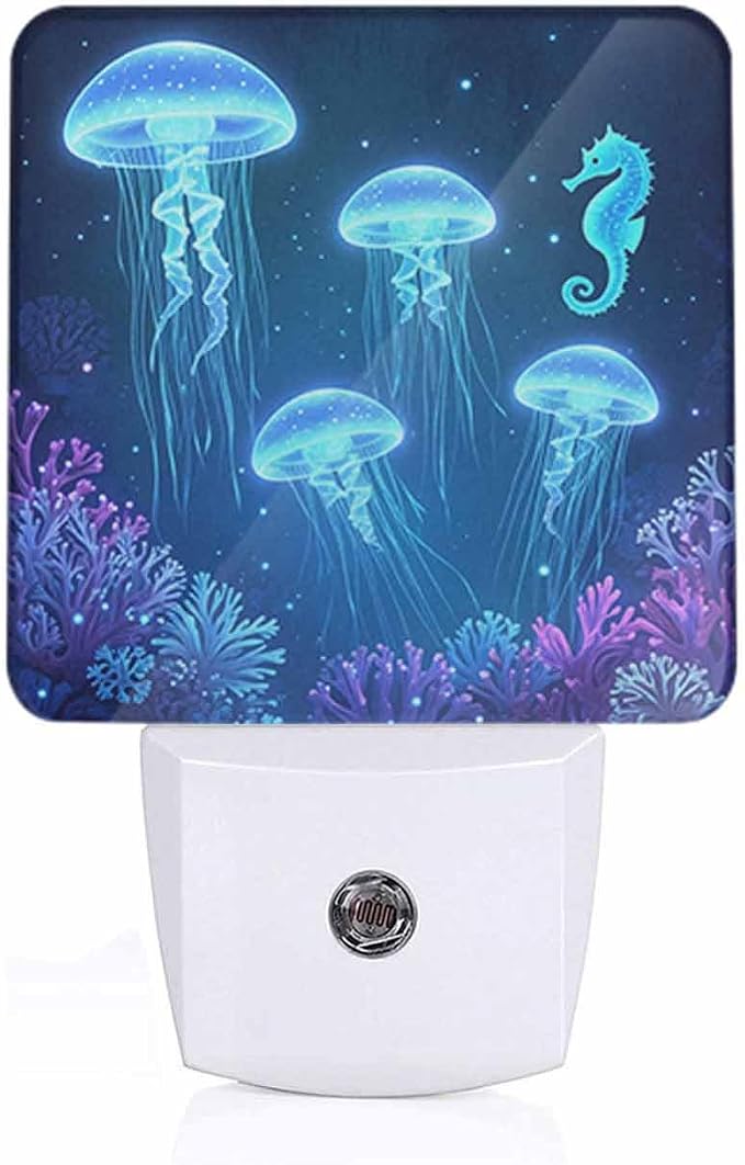Jellyfish Seahorse LED Night Lights Plug into Wall Blue Underwater World Animal 0.5W Plug in Night Light, Dusk to Dawn, Bright Nightlight Auto On/Off, for Room Bedroom Bathroom