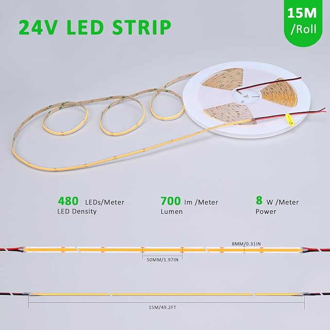 JOYLIT 50FT COB LED Strip Lights 24V 3000K Dotless 480LEDs/M Indoor IP20 | Consistent Brightness, CRI90+, Warm White, Dimmable, Cuttable, 3M Adhesive, For Bedroom, Cabinet (Power Supply Not Included)
