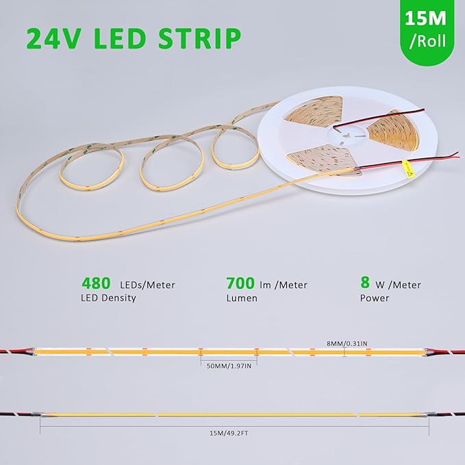 JOYLIT 50FT COB LED Strip Lights 24V 6000K Dotless 480LEDs/M Indoor IP20 | Consistent Brightness, CRI90+, Cool White, Dimmable, Cuttable, 3M Adhesive, For Bedroom, Cabinet (Power Supply Not Included)