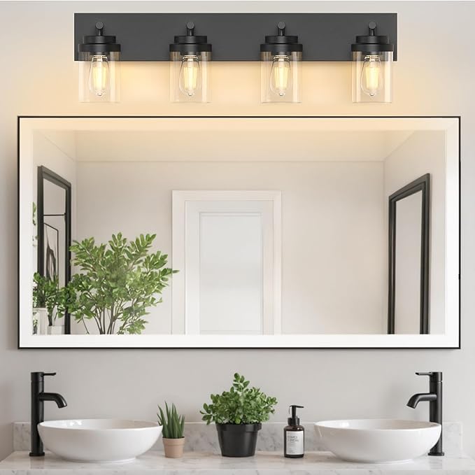 IZORRO Bathroom Vanity Light Fixture, 4-Light 30 Inch Matte Black Bathroom Light Fixtures Over Mirror, with Clear Glass Shade, Modern Farmhouse Vanity Lights, Rustic Restroom Lighting Fixtures