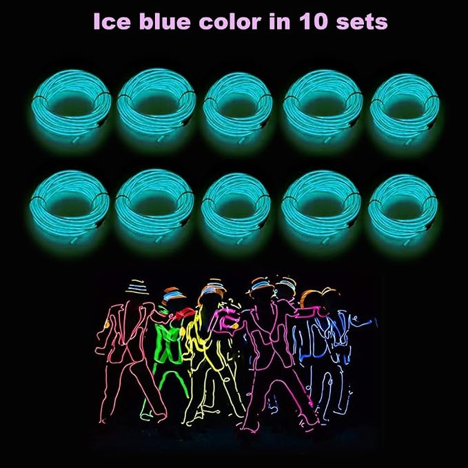 MaxLax EL Wire Ice Blue 10-Pack, 16.4ft/5m Neon Light Wire with Noise Reduction and Battery Pack…
