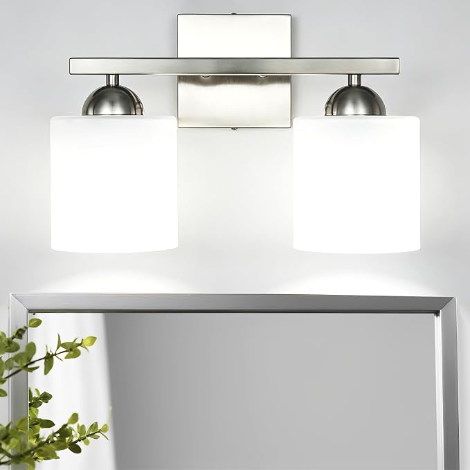 2 Light Brushed Nickel Vanity Lights for Bathroom, Modern Bathroom Light Fixtures Over Mirror, Vanity Light with Milky White Glass Shades, Farmhouse Wall Lights, E26 Socket