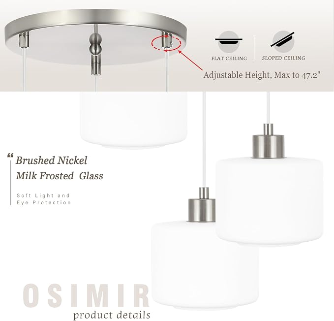 Brushed Nickel Dining Room Chandelier Light Fixture, 3-Light Pendant Lighting with Milk Glass, Modern Kitchen Island Cluster Hanging Pendant Lights for Kitchen Dining Room, OS-YQ8153-3BNW