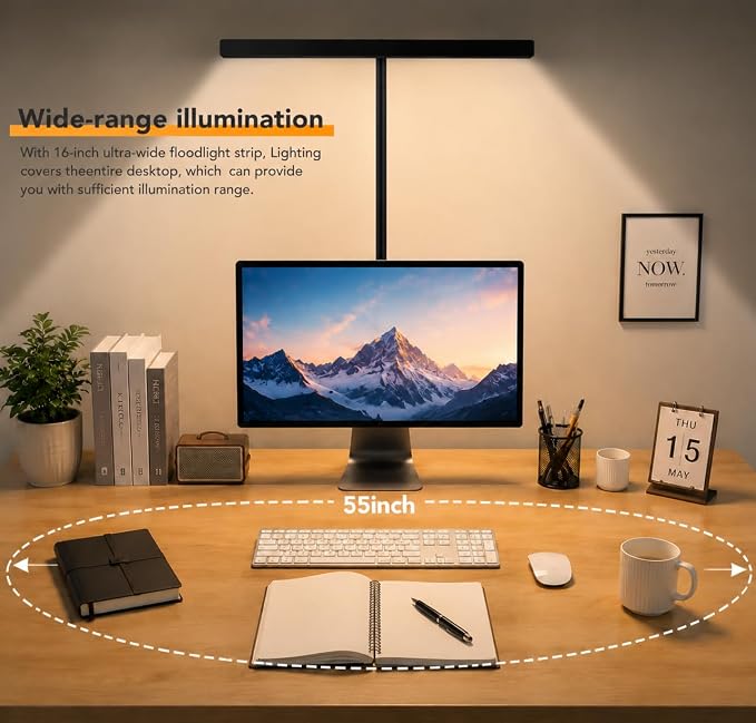 LED Desk Lamp with clamp, Remote Control Desk Lamp, 5 Color Modes & 10 Brightness Levels, 17'' Wide Light Bar, Eye Caring Gooseneck Desk Light, Adapter Included