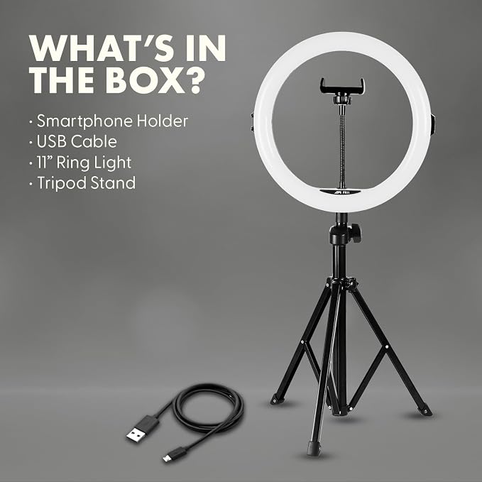 11" Selfie Ring Light with 61" Tripod Stand, LED Ring Light with Phone Holder, Wired Control USB, 10 Brightness Levels, 3 Color Modes, Adjustable for Video Recording, Zoom Meetings, and YouTube