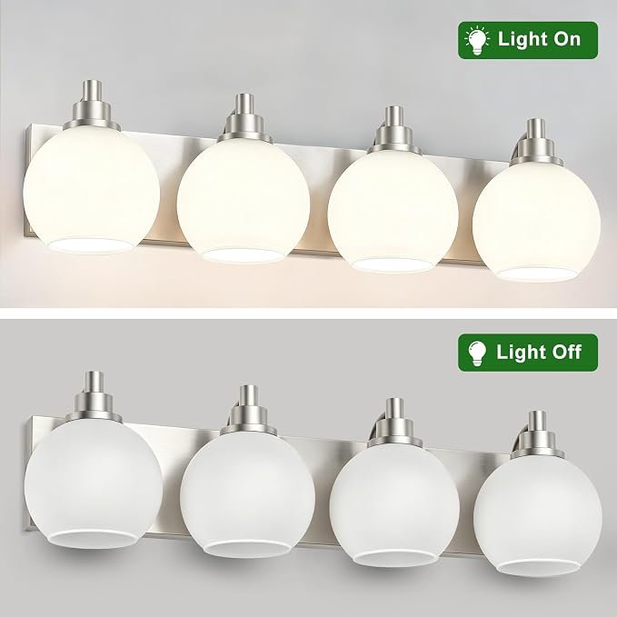 IZORRO Bathroom Light Fixtures, 4-Light Brushed Nickel Vanity Light, Modern Wall Sconces with Globe Milk White Glass Shade, Vanity Lighting Fixtures Over Mirror,E26 Bulb Socket