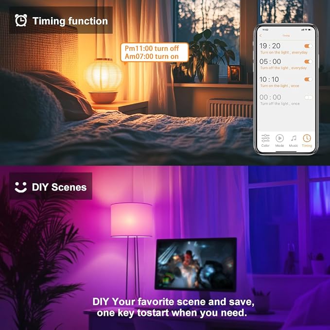 Smart RGB Light Bulbs Compatible with Alexa, 12W(130W Equivalent), 2700K-6000K | A19 E26, 16 Million Colors-DIY Flash/Fade - Timing-DIY Scenes- Music Sync Bluetooth Color Changing Light Bulb (8 Pack)