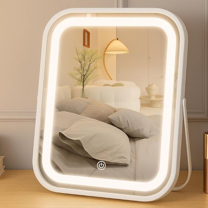 Lighted Makeup Mirror, Rechargeable Vanity Mirror with Lights 10''x8'' Makeup Mirror with Lights,Light up Mirror Touch Screen with 3-Color Lighting,for Women Gift,Travel Essentials