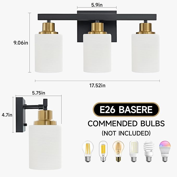 3-Light Vanity Lights,Black and Gold Bathroom Light Fixtures,17" | Modern Black Vanity Lights with White Frosted Glass Shade,Bathroom Lighting Fixtures over Mirror Wall Lamp Sconces