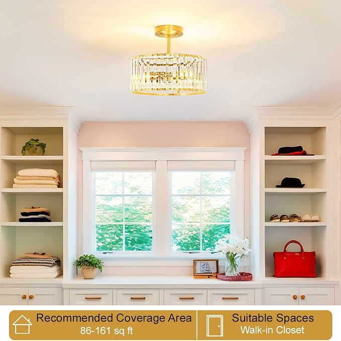 Lxybcce Modern Crystal Ceiling Light, Brushed Gold Semi Flush Mount Ceiling Lighting Fixture, Brass Hallway Light Fixtures Chandelier for Kitchen, Bedroom Dining Room Hallway Closet, 3-Light, 12 Inch