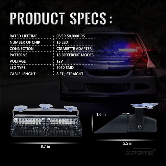 Xprite Red LED Emergency Dash Strobe Light, Interior Windshield Safety Warning Firefighter Lights w/Suction Cups, 12V Windshield Visor Light Bar for Police Ambulance EMS Patrol Vehicles Fire Trucks