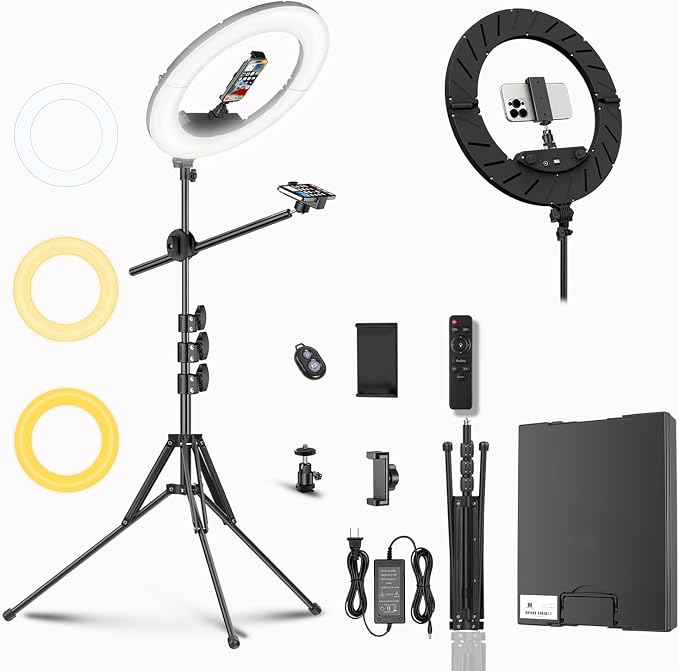 55W18 45cm Ring Light Kit [New Version] 6700K Dimmable LEDRinglightTripod Stand Dual Phone Holder for iPhone Selfie Makeup LashTattoo Studio Lighting Painting,Photo Video Recording (Black)