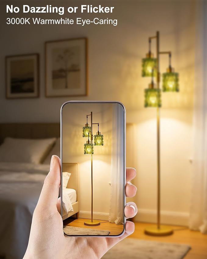 Lightdot 67" 3-Light Glass Floor Lamp for Living Room, Dimmable with Green Glass Shade & E12 Bulbs Included, Mid Century Standing Tall Lamp with 5Lbs Heavy Base for Bedroom/Sofa Beside/Corner - Gold