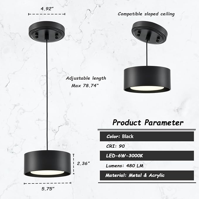LED Black Mini Pendant Light Adjustable for Kitchen Island | Industrial Black Mini Pendant Light with Built-in LED, Adjustable Cord 78.74" for Kitchen Island Dining Room Bedroom Bathroom
