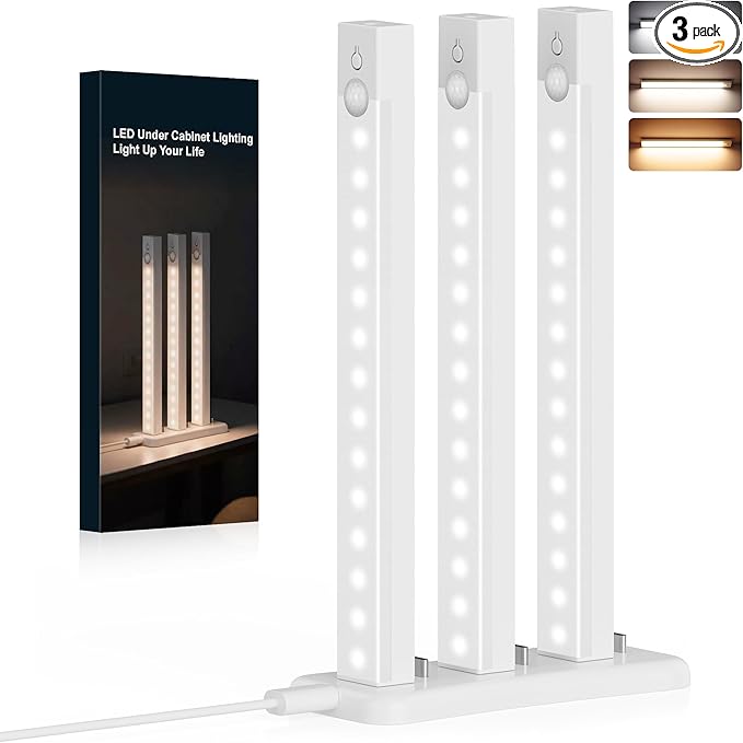3-Pack Under Cabinet Lighting 8-Inch Rechargeable Motion Sensor Light Indoor 3 Color Dimmable Closet Light, USB Stick on LED Magnetic Under Counter Lights for Kitchen Stair