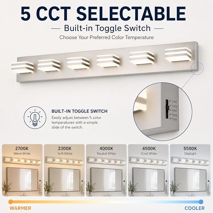 6-Light Brushed Nickel Vanity Light for Double Sink Bathroom, 41 Inch 48W 5CCT Dimmable LED Over Mirror Wall Fixture, Hardwired Light with Clear Acrylic Shade