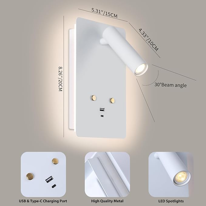 ZEROUNO Wall Mounted Reading Light Set of 2,Dimmable Adjustable Headboard Plug in Wall Sconce with USB A+C Ports,Touch Control Wall Light for Bedroom Bedside Lamps