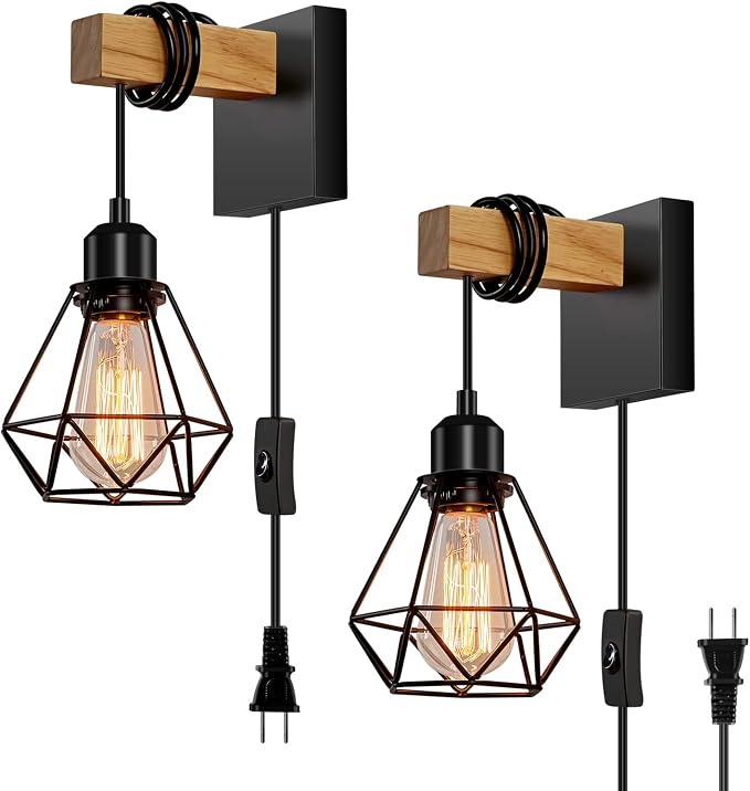 foucasal Plug in Wall Sconces Set of Two, Farmhouse Wall Light Plug in | 8.53FT On/Off Switch Cord, Indoor Rustic Wall Mounted Lamps Set of 2 for Bedroom, Living Room, Bathroom, Entryway, Porch