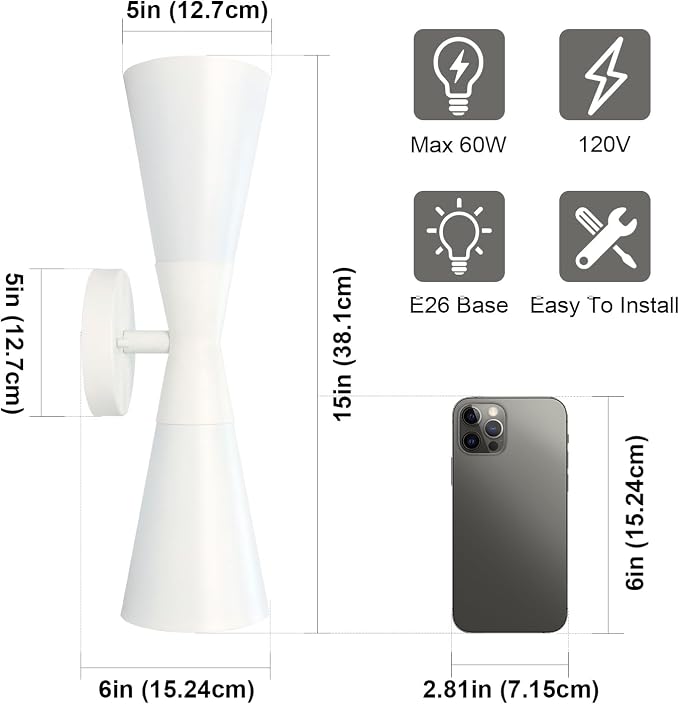 Modern Indoor Wall Sconce Up and Down White Wall Sconce Mid Century Indoor Wall Light Fixture Hardwired Wall Mounted Lamp for Living Room Bathroom Bedroom Hallway 15 Inch