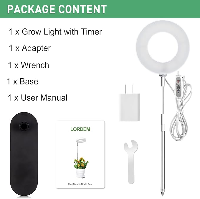 LORDEM Plant Grow Light, Full Spectrum Halo Desk Light, Height Adjustable 7.8"-26", LED Growing Lamp, Automatic Timer 4H/8H/12H, 4 Level Dimmable, Ideal for Indoor Plants, White, 1 Pack