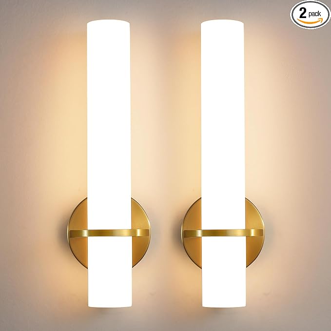 AIJIASI Wall Sconces - 15 inch Gold Wall Sconces Set of Two Modern Bathroom Sconce 15W Dimmable LED Wall Sconce Light with Acrylic Lampshade, Bathroom Vanity Light for Mirror Living Room Hallway 3000K