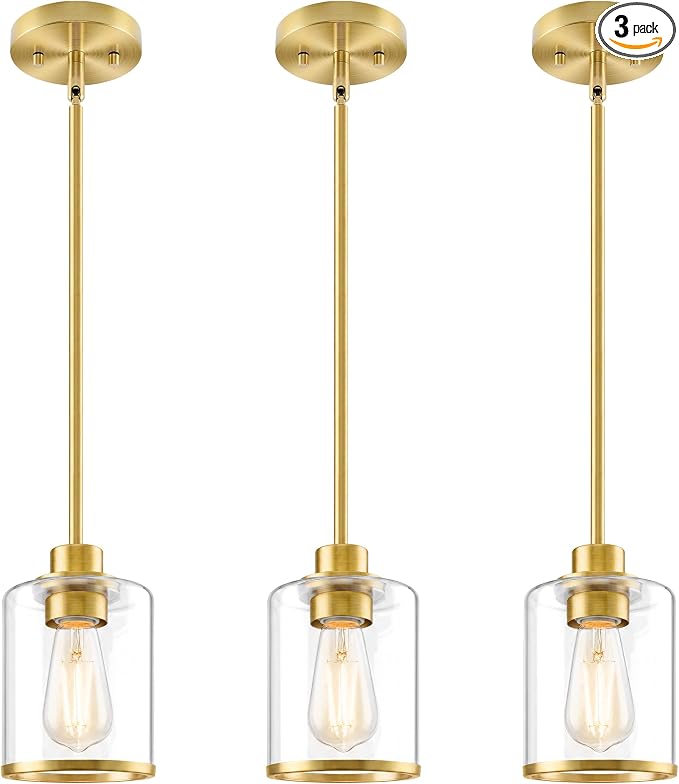 Beionxii 3Pack Pendant Lights Kitchen Island,Brass Kitchen Pendant Lighting | Farmhouse Gold Pendant Lighting with Clear Glass Shade,Mini Hanging Light Over Island for Dining Room Sink,BX-PL02BG-CG-3PK